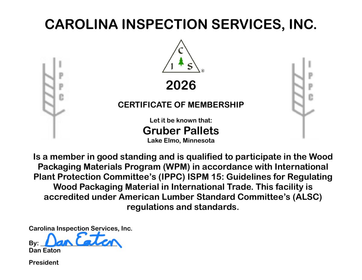 2026 Carolina Inspection Services certificate of membership for Gruber Pallets, Lake Elmo, Minnesota
