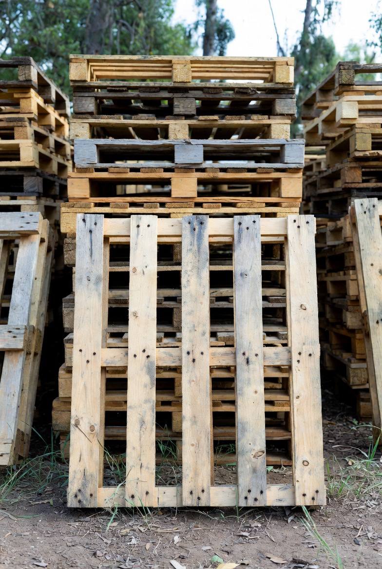 Used pallets stacked for recycling